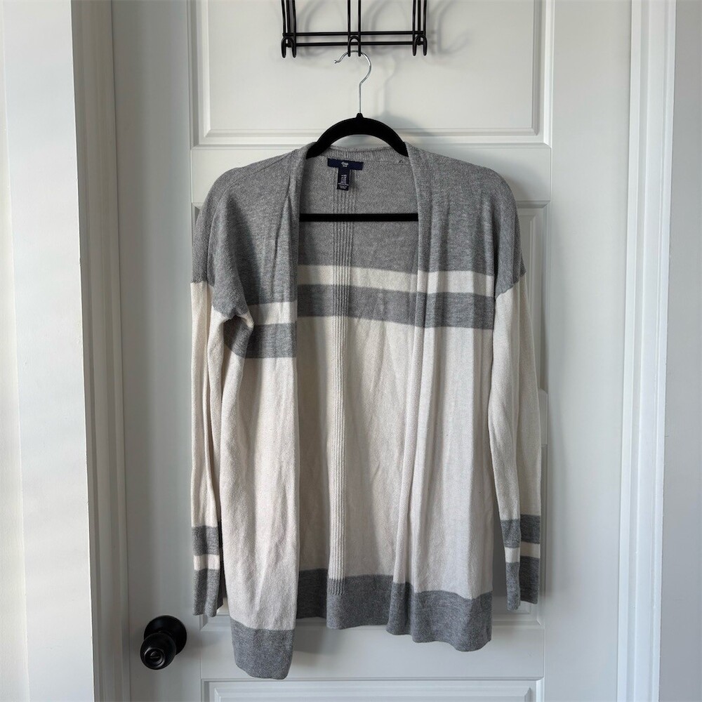 Gap Cardigan Sweater Womens XS Gray & Ivory Striped Open Front Longline